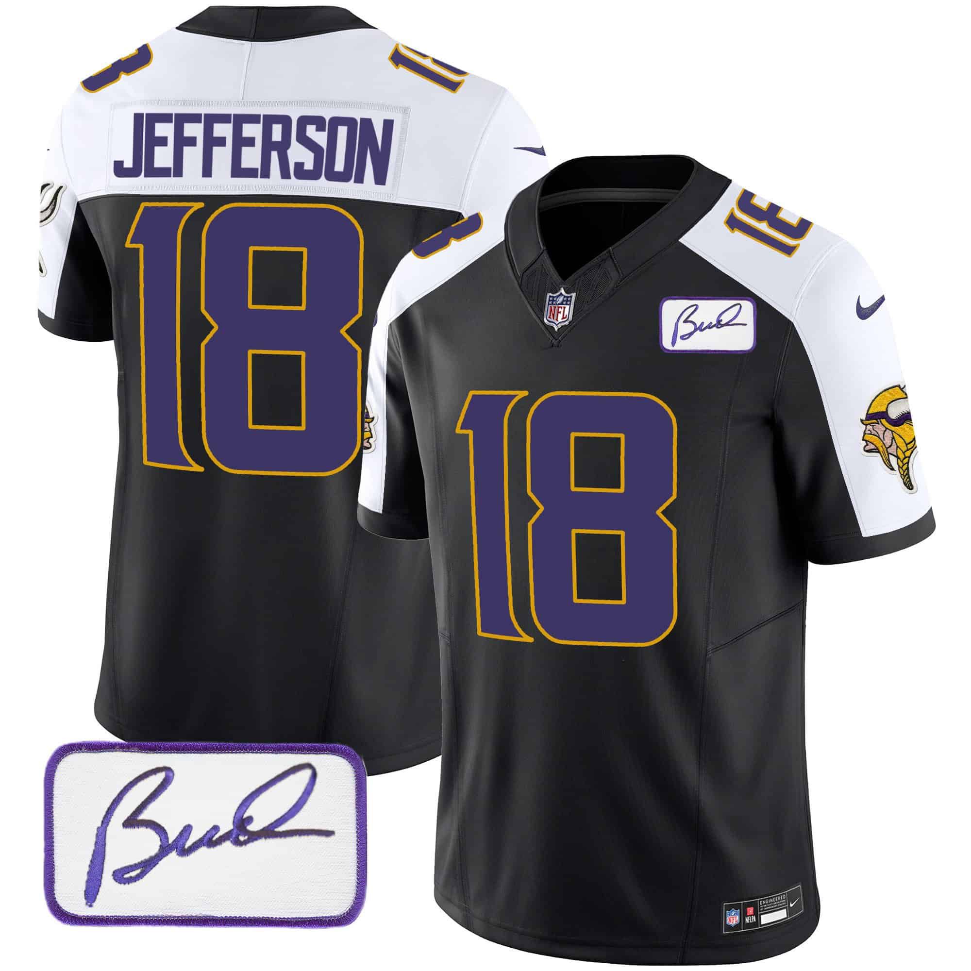 Men Minnesota Vikings 18 Jefferson Black 2024 Nike Bud Grant Patch Classic Limited NFL Jersey style 1